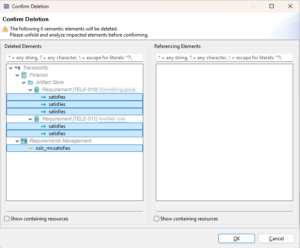 Capella confirmation dialog showing the impact analysis of deleting traceability elements, including affected requirements and links, to prevent accidental deletion.