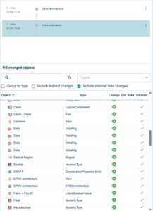 Server history view displaying modified objects in a commit, with a detailed list of 115 changed objects, their types, and change indicators.