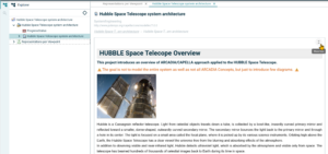 SysON web interface displaying the Hubble Space Telescope system architecture model, with a project explorer, overview documentation, and operational analysis links.